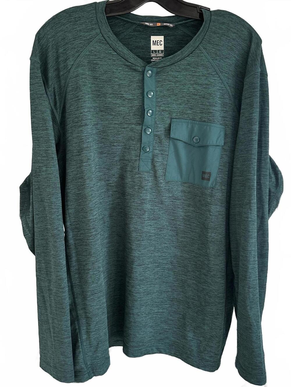 MEC Long Sleeve Front Pocket Performance Henley Green Shirt - Size Large
